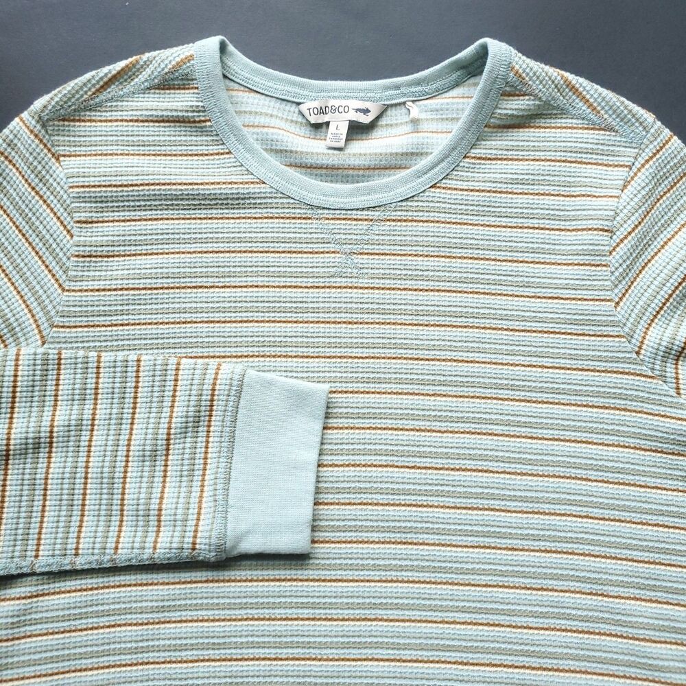 Toad &Co Foothill Long Sleeve Crew II Womens L Green Stripe Thermal Waffle Knit - Picture 2 of 9